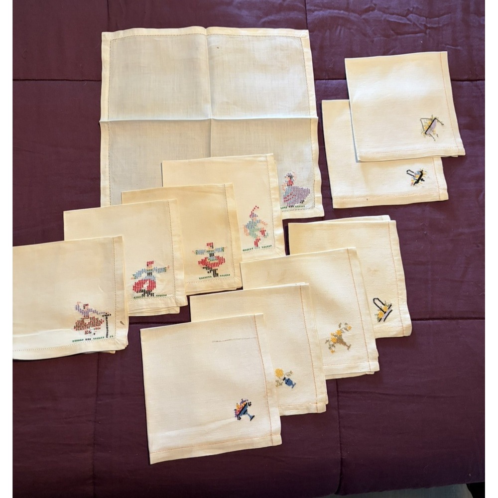 Antique Linen Table Napkins Cross Stitch Corners Size- 13"x 13" 1910's  Count 11